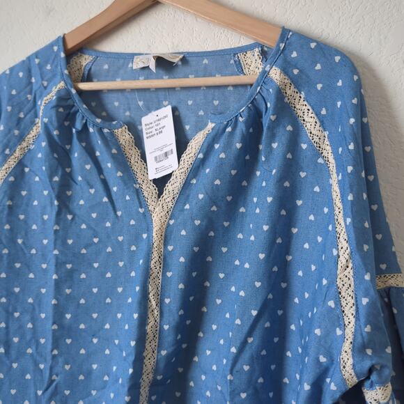 Weekend Suzanne Betro Top Womens XL Blue Heart Dot Print Chambray Shirt NWT - Picture 4 of 8